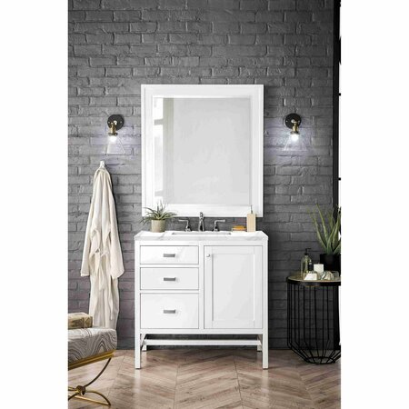 James Martin Vanities Addison 36in Single Vanity, Glossy White w/ 3 CM Carrara White Top E444-V36-GW-3CAR